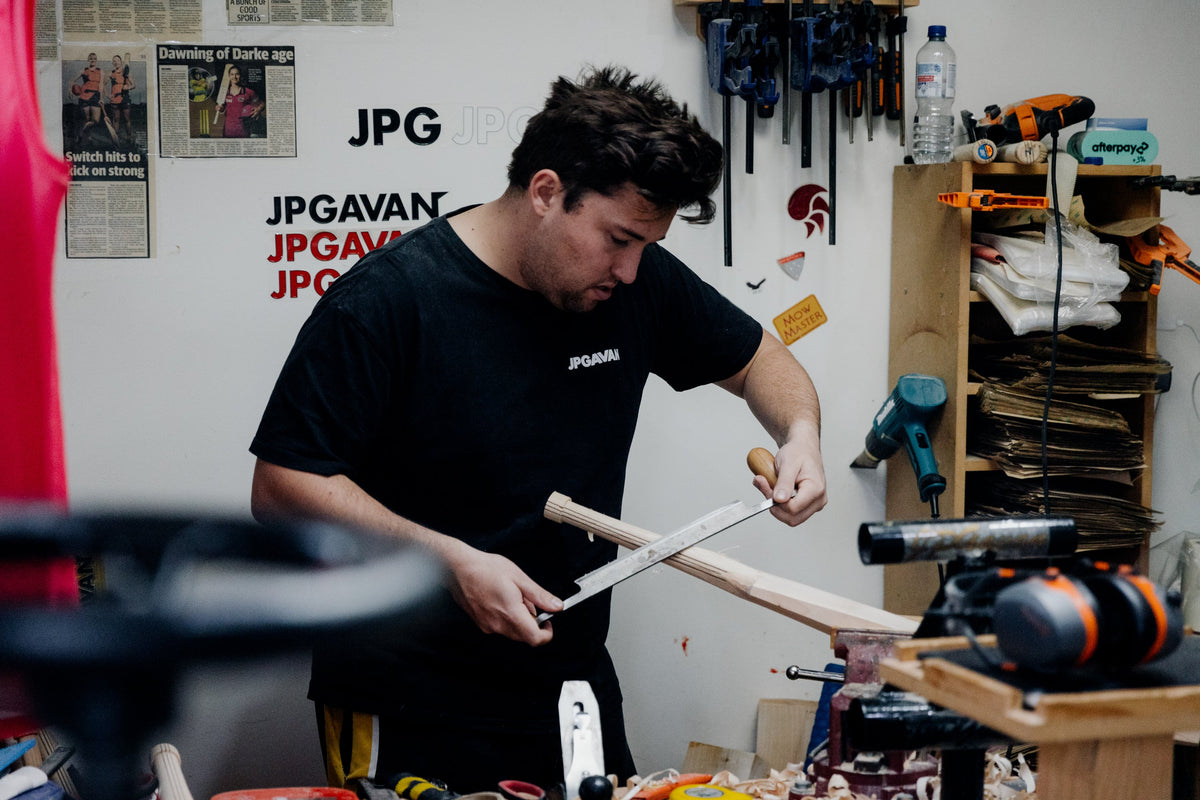 Josh Gavan handcrafting a custom made cricket bat in the JPGavan Sydney workshop