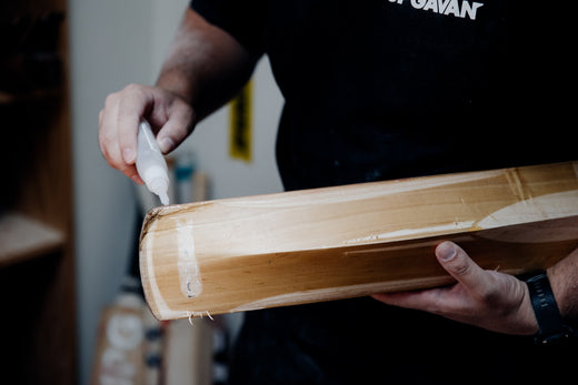 Repairing a cracked toe on a cricket bat at the JPGavan Sydney workshop