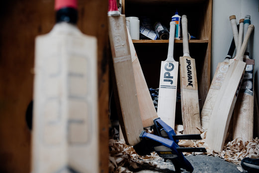 Repaired cricket bats of all brands lined up in the JPGavan workshop